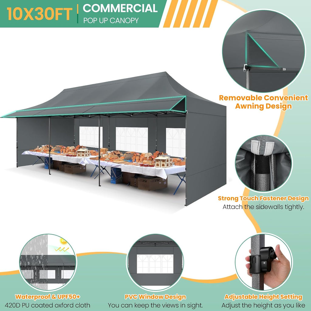 COBIZI 10x30 Pop Up Canopy Tent with Awning & Sidewalls, Heavy Duty Commercial 10X30 Canopy Tents Instant Waterproof, UPF 50+ Sun Shade for Outdoor, Parties, Markets (Gray)