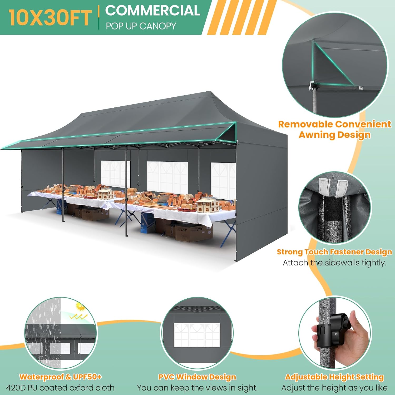 COBIZI 10x30 Pop Up Canopy Tent with Awning & Sidewalls, Heavy Duty Commercial 10X30 Canopy Tents Instant Waterproof, UPF 50+ Sun Shade for Outdoor, Parties, Markets (Gray)