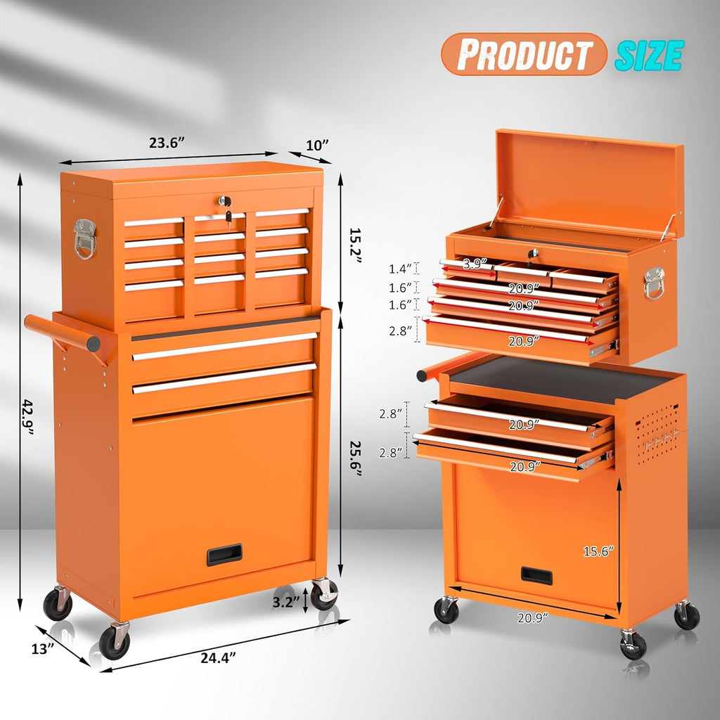 8-Drawer Rolling Tool Chest with Wheels, 2-in-1 Detachable Tool Box with Drawers and Large Cabinet, Rolling Tool Chest Storage Cabinet with Lockable for Warehouse, Garage, Workshop (Orange)