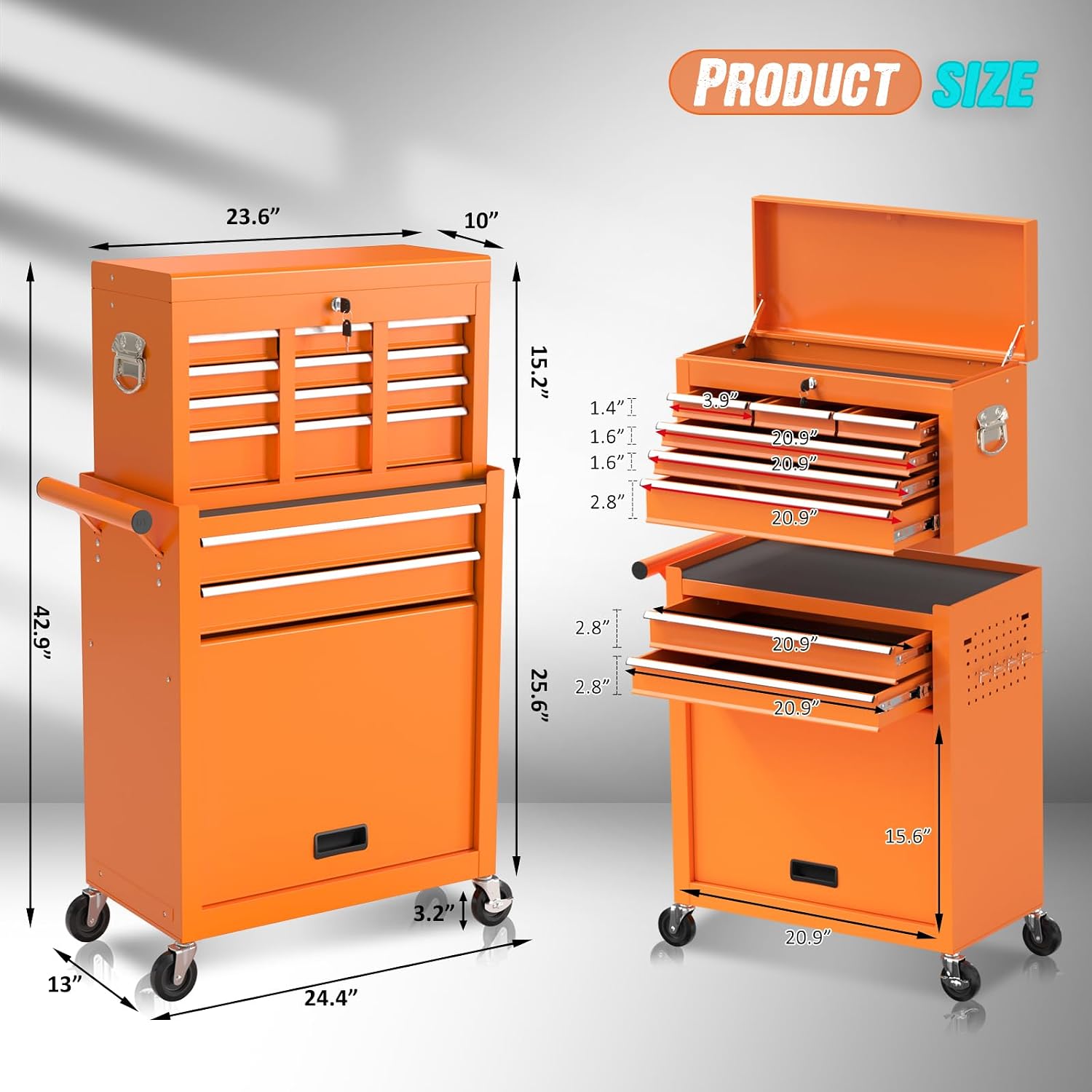 8-Drawer Rolling Tool Chest with Wheels, 2-in-1 Detachable Tool Box with Drawers and Large Cabinet, Rolling Tool Chest Storage Cabinet with Lockable for Warehouse, Garage, Workshop (Orange)