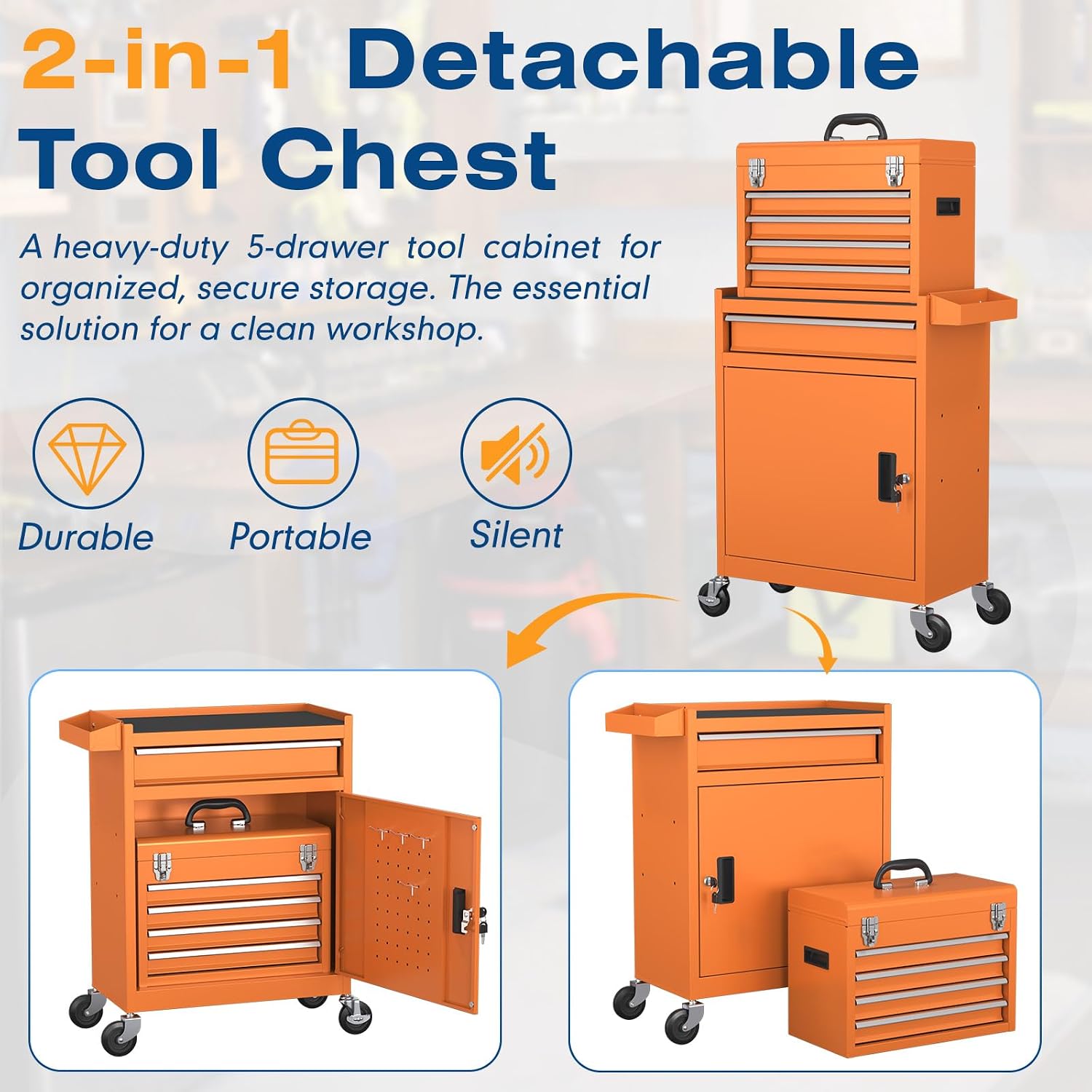 5-Drawers Tool Chest, 2-in-1 Rolling Tool Box with Wheels and Drawers, Detachable Storage Toolbox with Lock, Heavy-Duty Metal Tool Cart for Garage, Workshop (Orange)