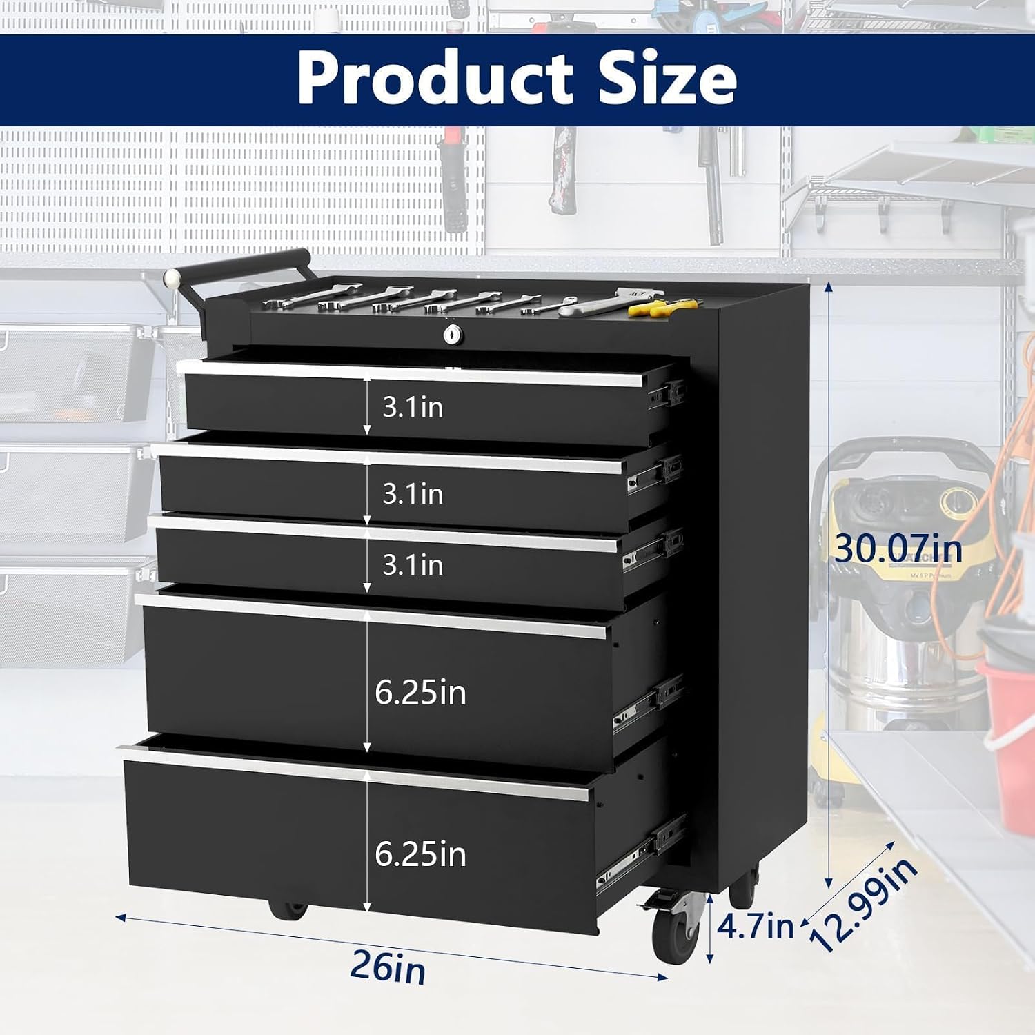 Tool Chest with Wheels, 4 Drawer Rolling Tool Storage Cabinet Cart, Portable Toolbox Organizer with Locking System, Drawer Liners for Garage, Workshop, Shop, Mechanic, Black