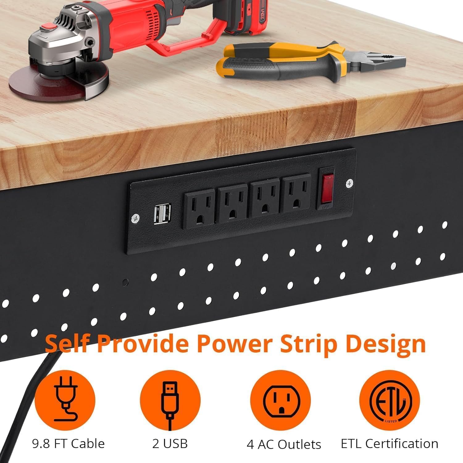 60' Adjustable Garage Workbench with Wheels, 2000LB Capacity, Hardwood Top, Power Outlets, Heavy Duty Work Table for Workshop, Home Office, Tools