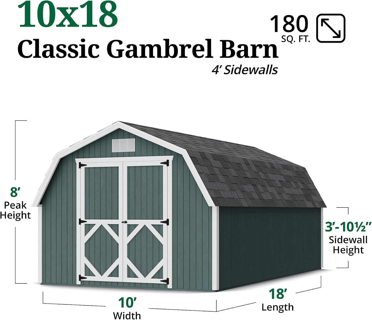 Little Cottage Co. 10x18 Classic Gambrel Barn with 4 ft. Sidewalls with Floor, Outdoor Wood Storage Shed Do-It-Yourself Precut Kit