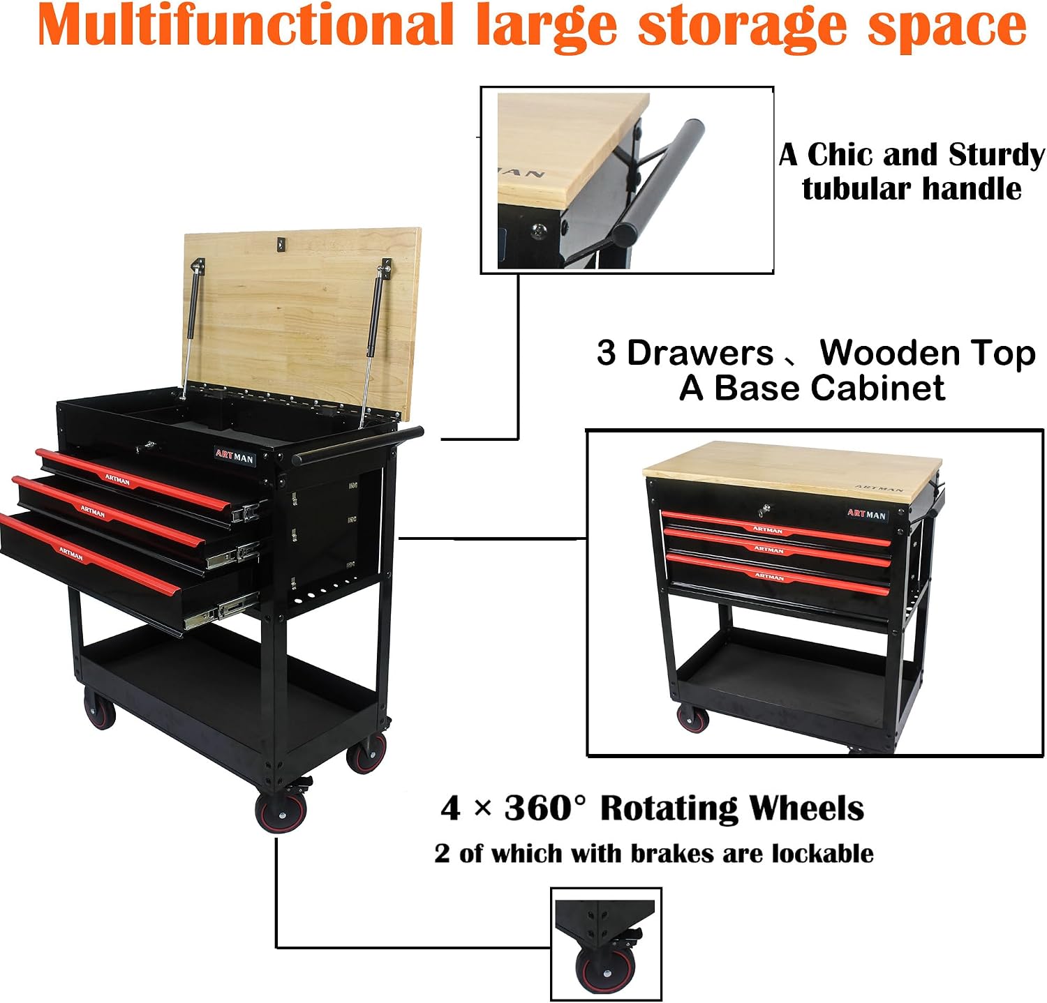 3 Drawers Tool Cart on Wheels,Tool Storage Box with Wooden Top,Drawers Rolling Tool Box Organizer Tool Case for Garage,Warehouse,Workshop,Repair Shop (3 Drawers-38.5'H-Black&Red)
