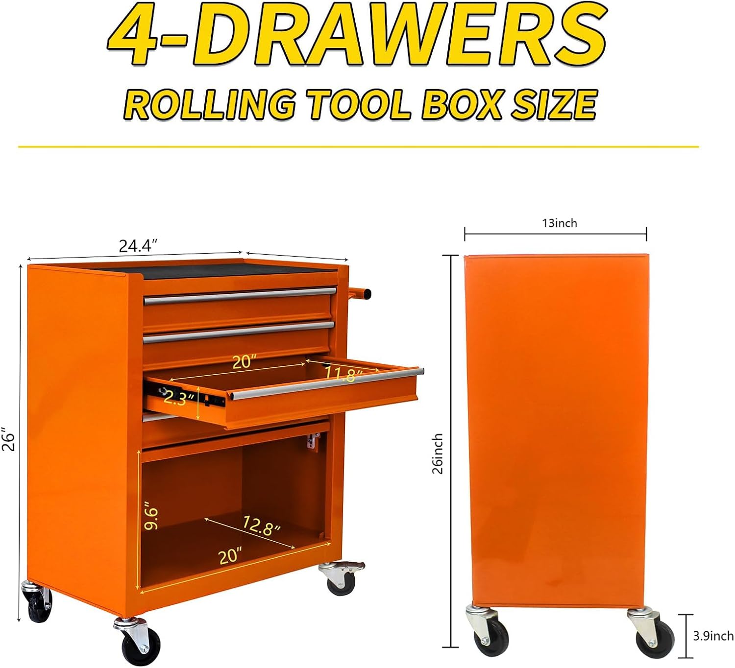 4-Drawer Heavy-Duty Rolling Tool Chest with Wheels, Steel Storage Organizer Cart with Handle, Metal Tool Cabinet for Garage, Workshop, and Repair Shop