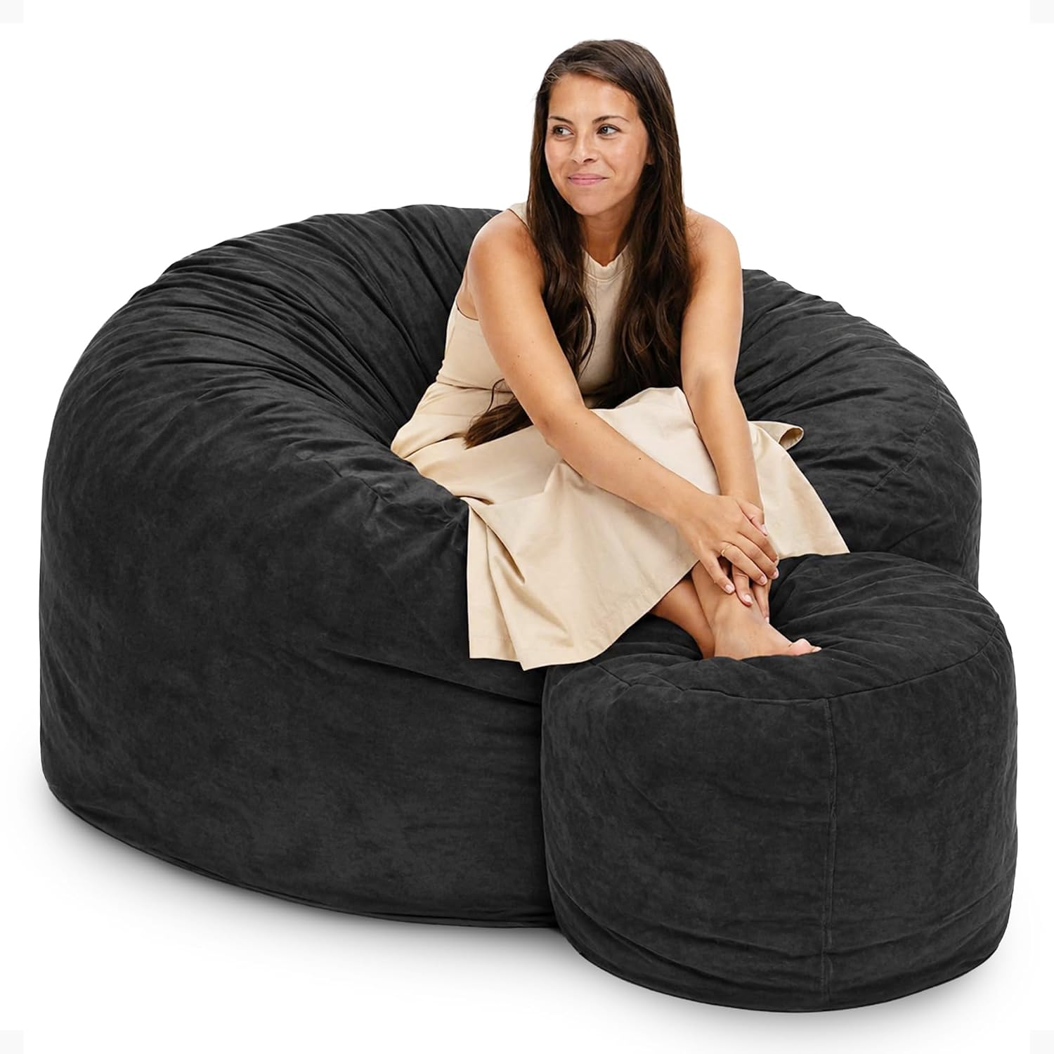 ULTIMATE SACK 5000 5-Foot Bean Bag Chair with Footstool, Black Suede Cover – Oversized Foam Lounger, Floor Seat, Small Sofa, or Couch Bed for Living Area, Gaming Room, or Reading Lounge