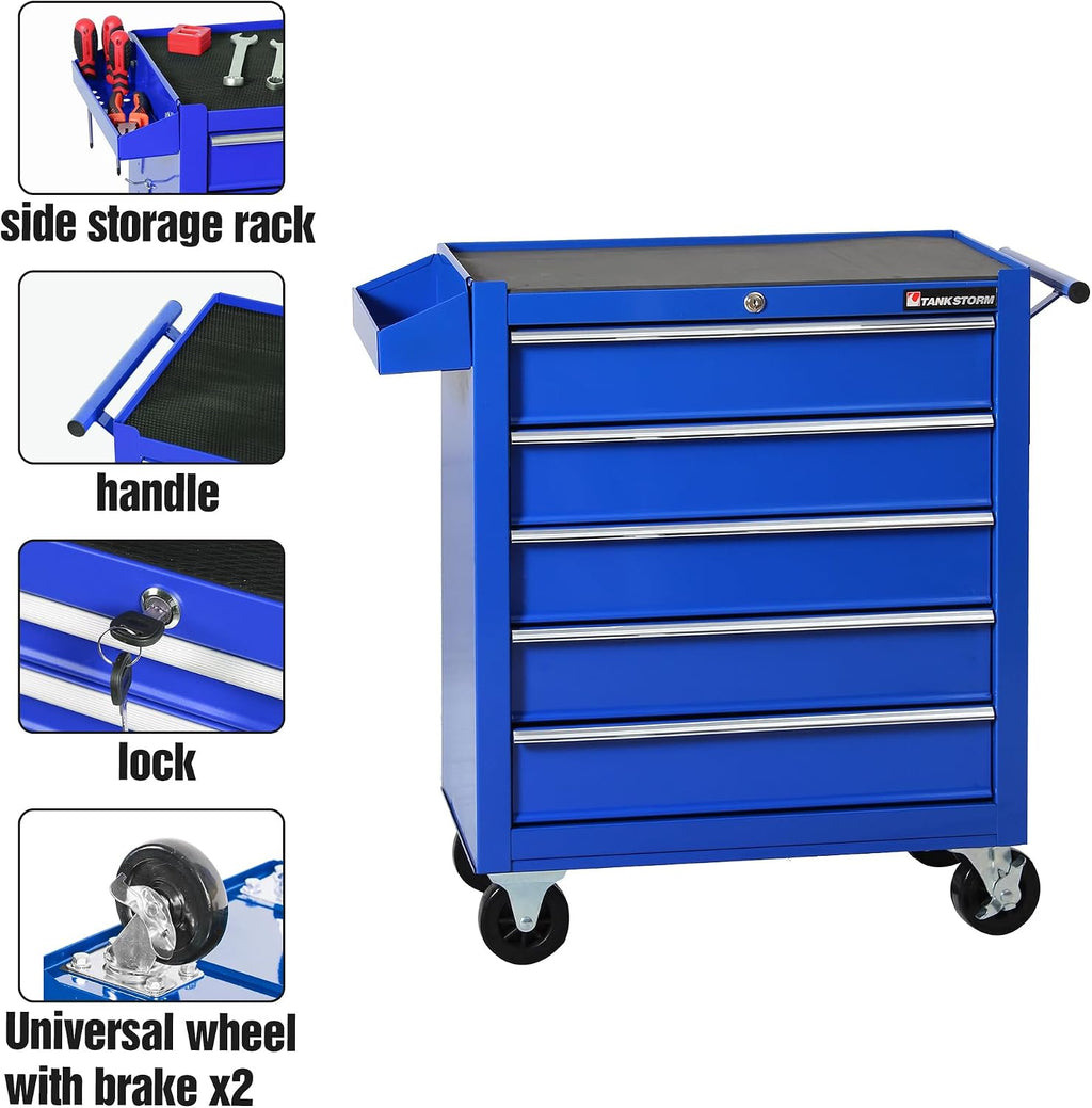 5-Drawer Rolling Tool Chest with Wheels, Heavy Duty Metal Tool Cabinet with Lock, Rolling Tool Box Organizer for Garage, Workshop, Repair Shop, Blue