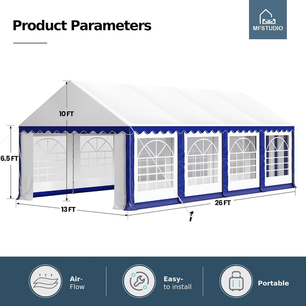 MFSTUDIO 13'x26' Party Tent, Outdoor Heavy Duty Party Tents with Removable Sidewalls, Large Canopy Tent Shelter for Outdoor Events Wedding Birthday, Blue