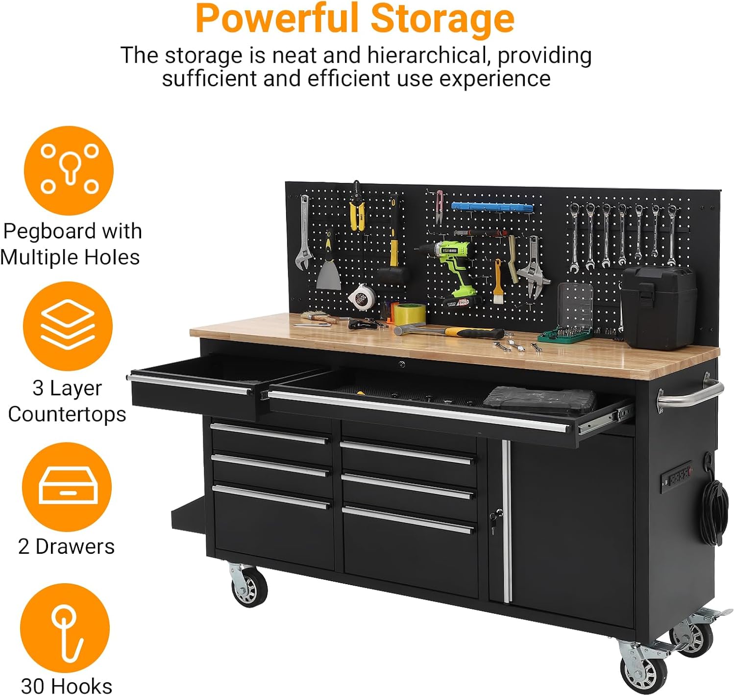 61-inch Rolling Tool Chest, 10 Drawers Garage Workbench Storage Tool Cabinet with Power Strip, Solid Rubber Wood Top, 1675 LBS Load Mobile Workstation, Heavy Duty Rolling Cabinet