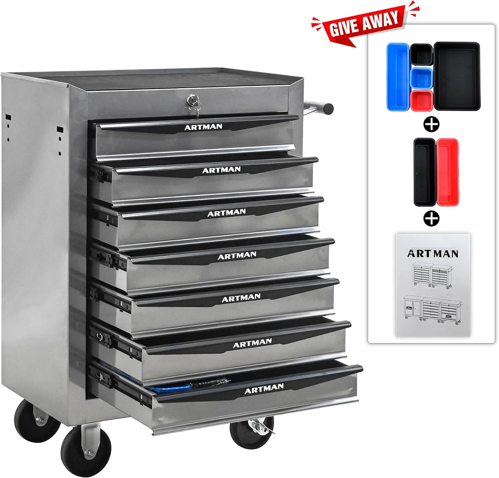 Rolling Tool Chest Cart with 7 Drawers,Storage Tool Cabinet on 4 Wheels. Lockable Tool Cart with Drawer Liners.Steel Tool Box Organizer for Garage,Repair Workshop-Silver