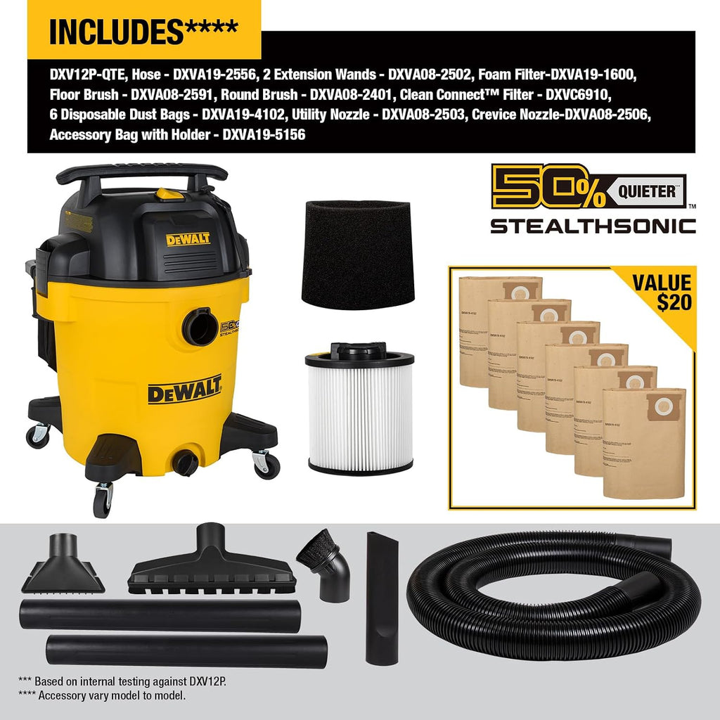 DEWALT 12 Gallon STEALTHSONIC Shop Vacuum Wet and Dry, 5.5 Peak HP Ultra Quiet Shop Vac with Powerful Suction, Wet Dry Vacuum Cleaner DXV12P-QTE with 6 Dust Bags for Jobsite, Garage, Workshop & Auto