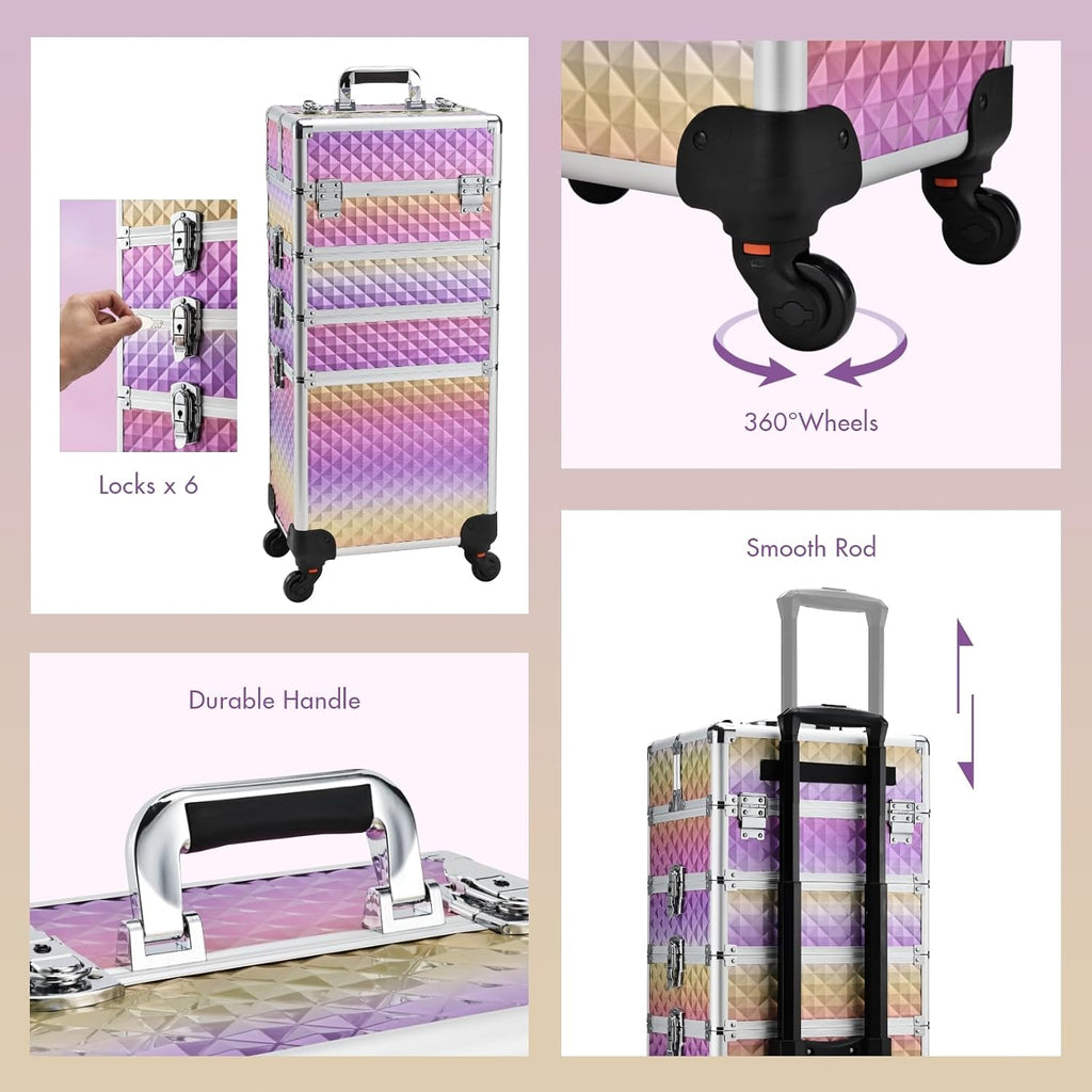 Yueieoun Makeup Case on Wheels, Rolling Train Case, 4-in-1 Makeup Trolley, Cosmetic Cases Makeup Travel Cart with Key for MUA, Hairstylists, Nail Tech, Gradient Purpple