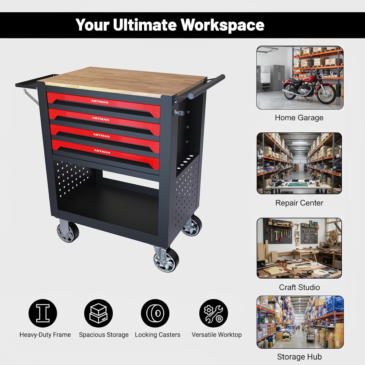 JOYBASE Rolling Tool Chest with 4 Drawers & Wood Top, Heavy Duty Steel Tool Cart on Wheels, Mobile Garage Organizer & Storage Cabinet for Workshop & Mechanic (Black & Red)