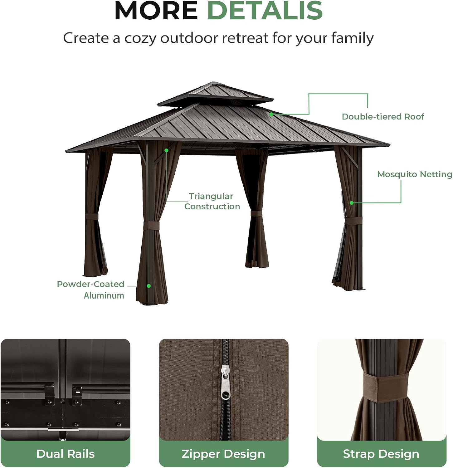 12' x 12' Hardtop Gazebo, Aluminum Frame with Double Galvanized Steel Roof, Outdoor Metal Gazebo with Netting & Curtains for Backyard, Garden, or Deck, Brown