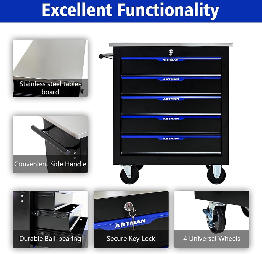 5-Drawer Heavy-Duty Rolling Steel Tool Cart with Handle&Wheels, Metal Storage Organizer Cabinet, Tool Chest for Efficient Tool Storage in Garage, Warehouse, Workshop, Repair Shop, Blue