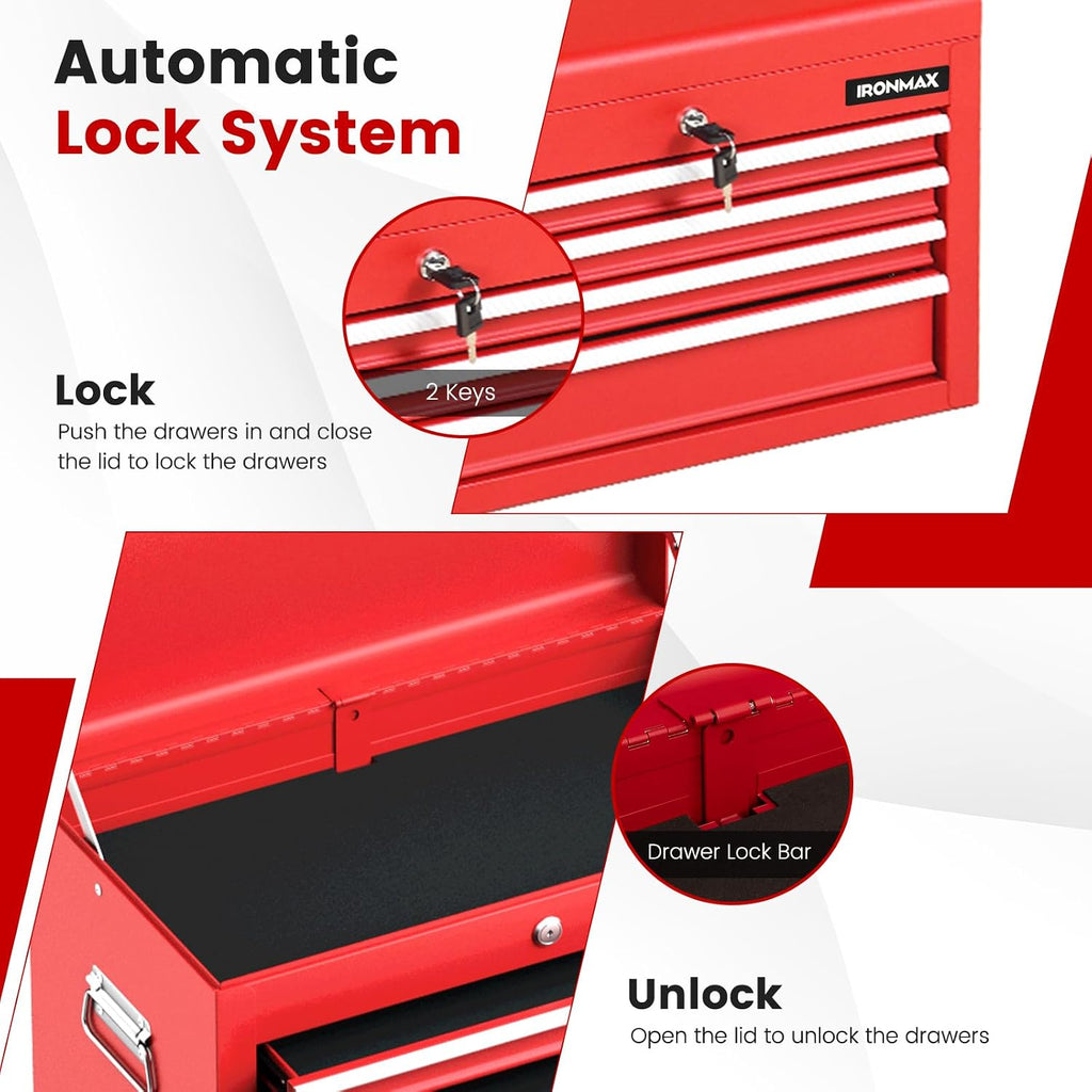 IRONMAX Tool Cabinet on Wheels, 6-Drawer Lockable Rolling Tool Chest w/ 4 Universal Wheels, 2 in 1 Detachable Tool Box Storage Organizer for Garage Workshop Repair Shop, Red