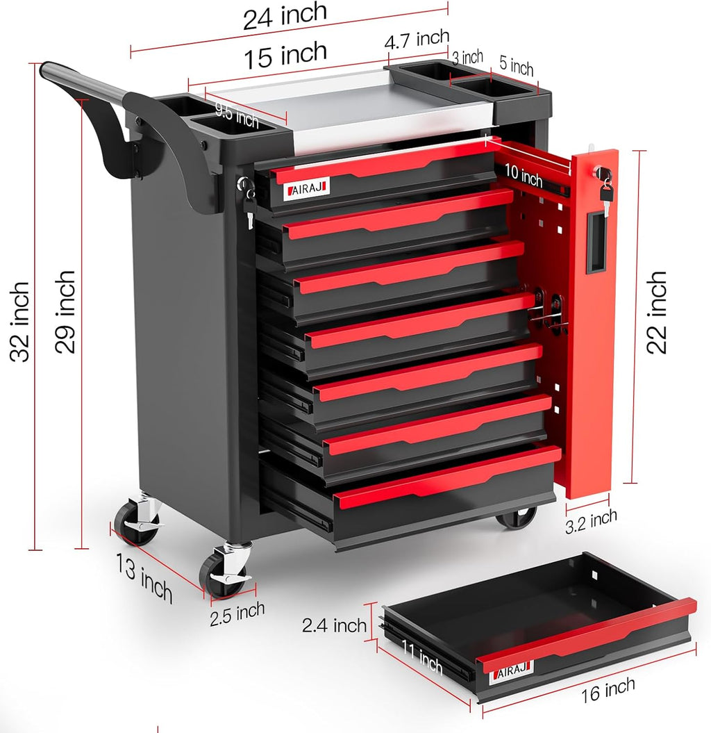 Tool Chest 7-Drawer | Rolling Tool Chest with Wheels/Side Drawer | Drawers Integrated Lockable | Tool Cart/Cabinet with Drawers for Garage Storage,Workshop | Safety Rounded Corner Anti-collision | Red