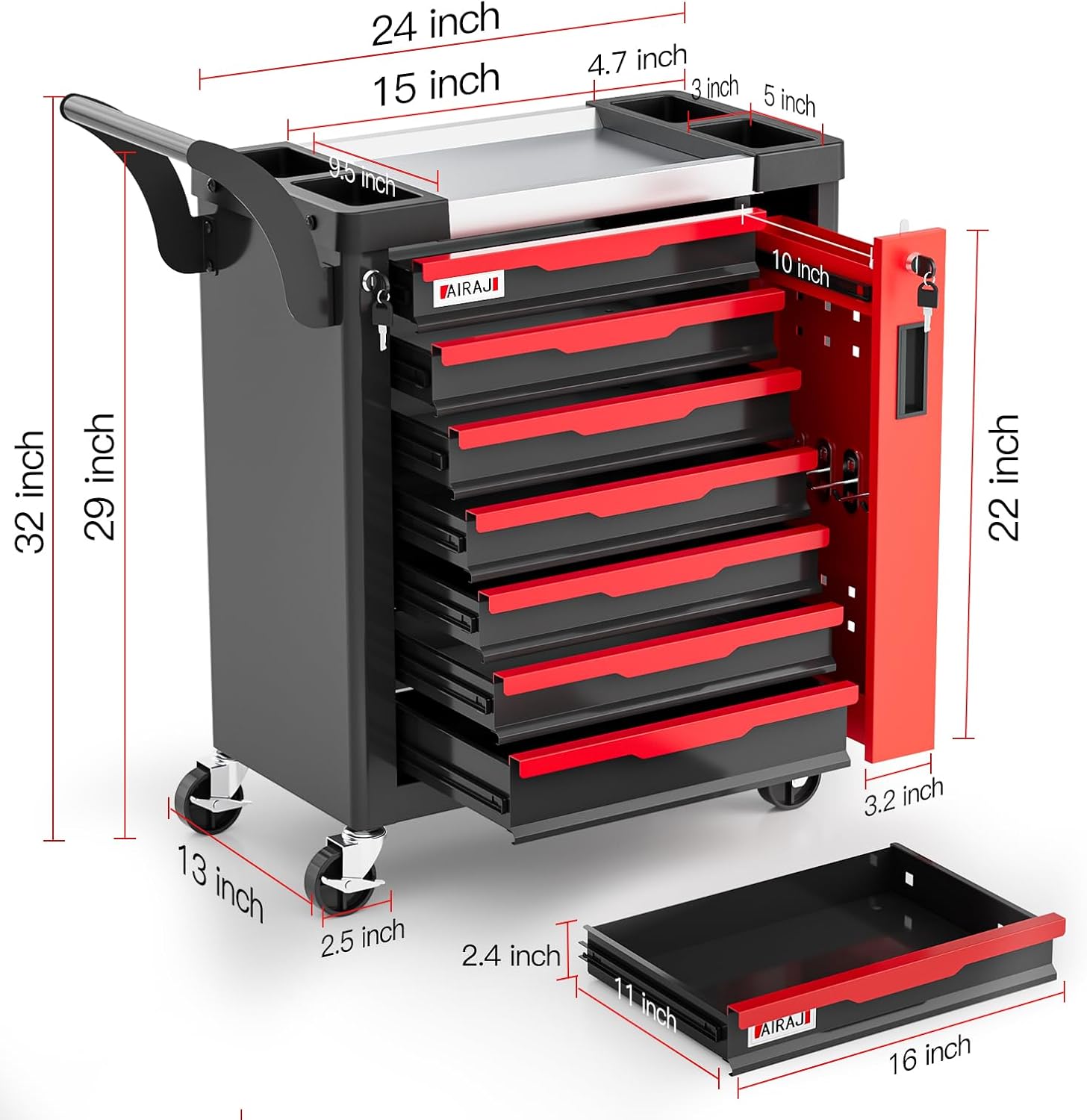 Tool Chest 7-Drawer | Rolling Tool Chest with Wheels/Side Drawer | Drawers Integrated Lockable | Tool Cart/Cabinet with Drawers for Garage Storage,Workshop | Safety Rounded Corner Anti-collision | Red