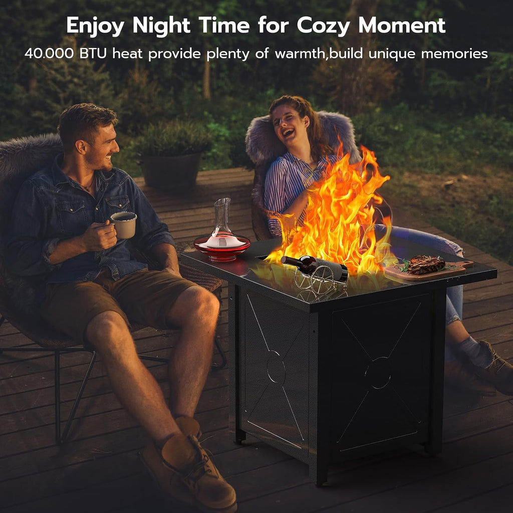 Xbeauty Propane Fire Pit Table, 28' Outdoor Gas Fire Pit Table, 40,000 BTU Auto-Ignition Fire Tables with Lid, Rain Cover and 3 Pounds Lava Stones for Outside Garden Backyard Deck Patio (Square)
