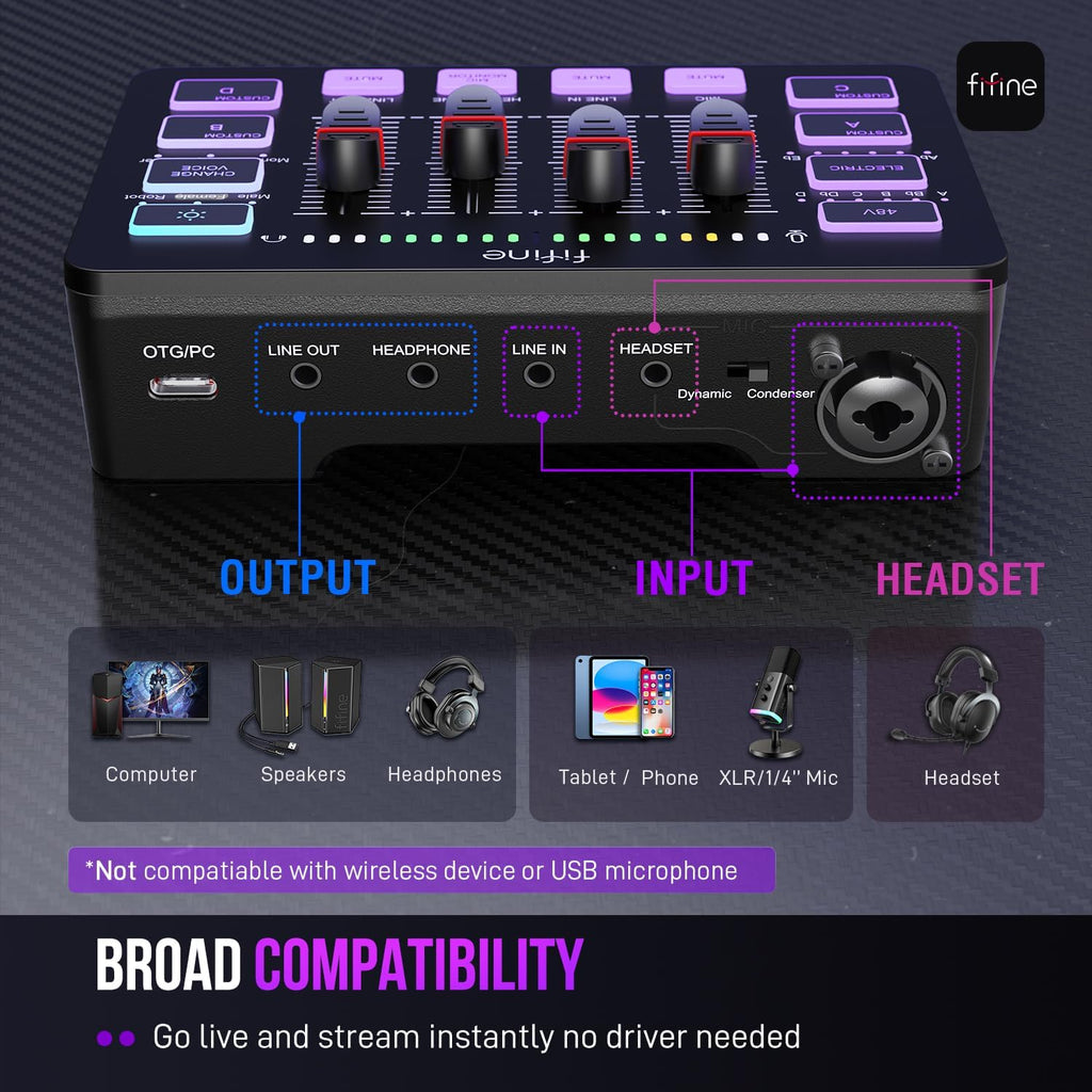 FIFINE Gaming Equipment Bundle with Audio Mixer, XLR/USB Microphone, XLR Cable Set for Streaming, Podcast, RGB PC Mixer with Individual Control, Volume Fader, Computer Dynamic Vocal Mic for Recording