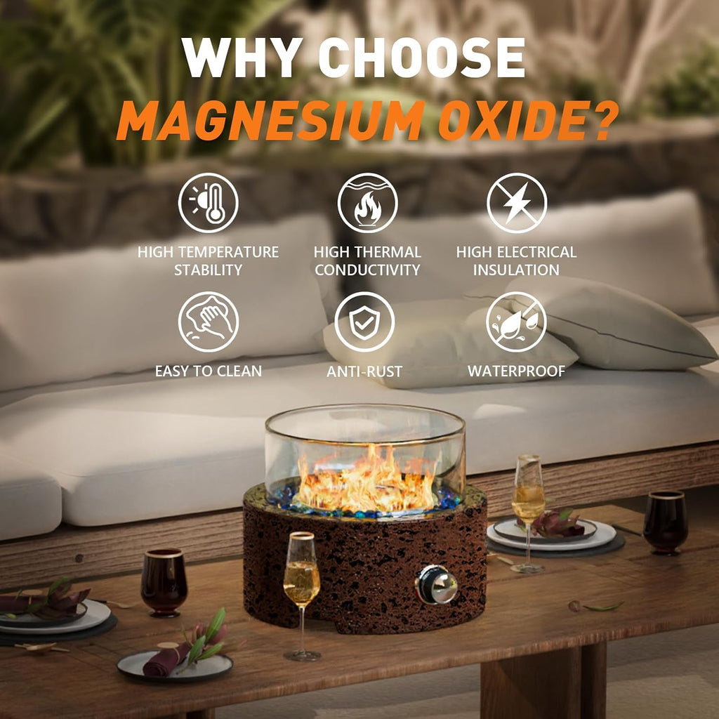 COSIEST 12' Tabletop Fire Pit, Outdoor Propane Fireplace w Magnesium Oxide Round Base, 40,000 BTU Stainless Steel Burner, Glass Rocks, Glass Wind Guard, Fits 20lb Tank Outside