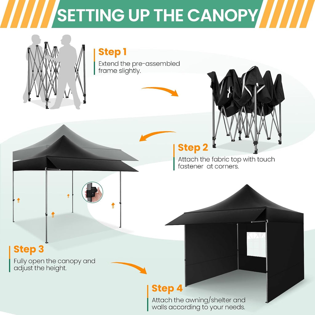 COBIZI 10x10 Pop Up Canopy Tent with Awning & Sidewalls, Heavy Duty Commercial 10X10 Canopy Tents Instant Waterproof, UPF 50+ Sun Shade for Outdoor, Parties, Markets (Black)