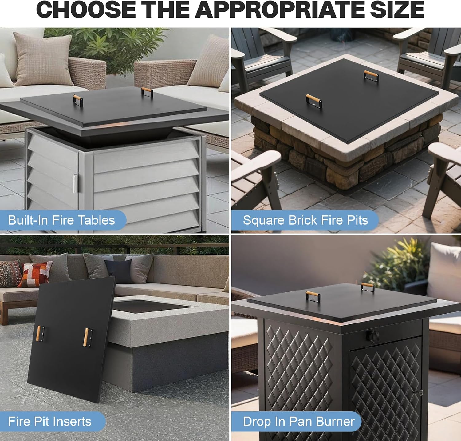 Fire Pit Lid Square 38', Heat Resistant Metal Firepit Cover with 2 Wooden Handles for Square Patio Fire Pit, Compatible for Firepits Inside Dia Up to 34'