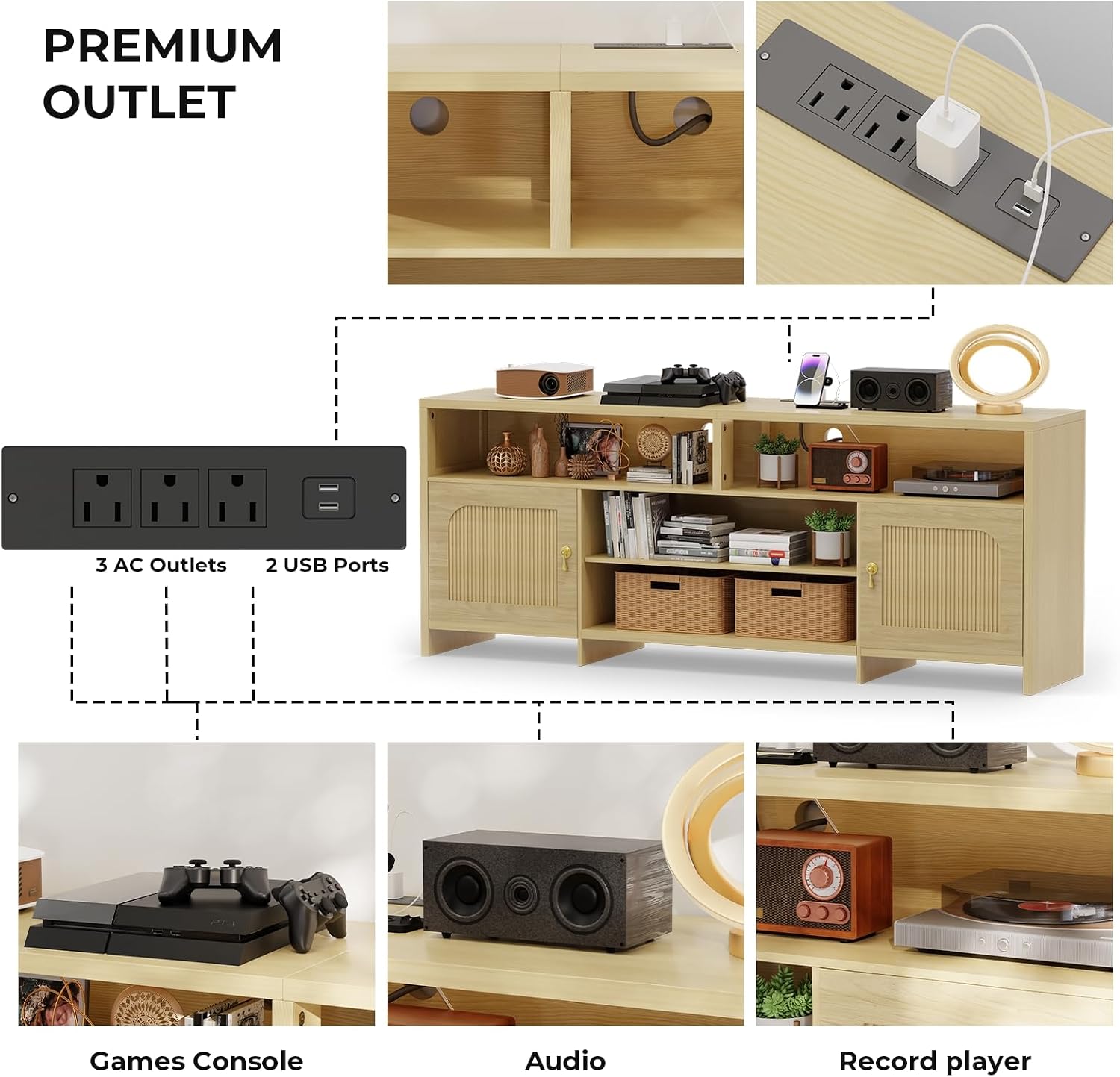 Fluted TV Stands for Living Room, 70' Mid-Century Modern Entertainment Center with LED Lights and Open Storage Shelves, Curved TV Media Console (Natural Oak)