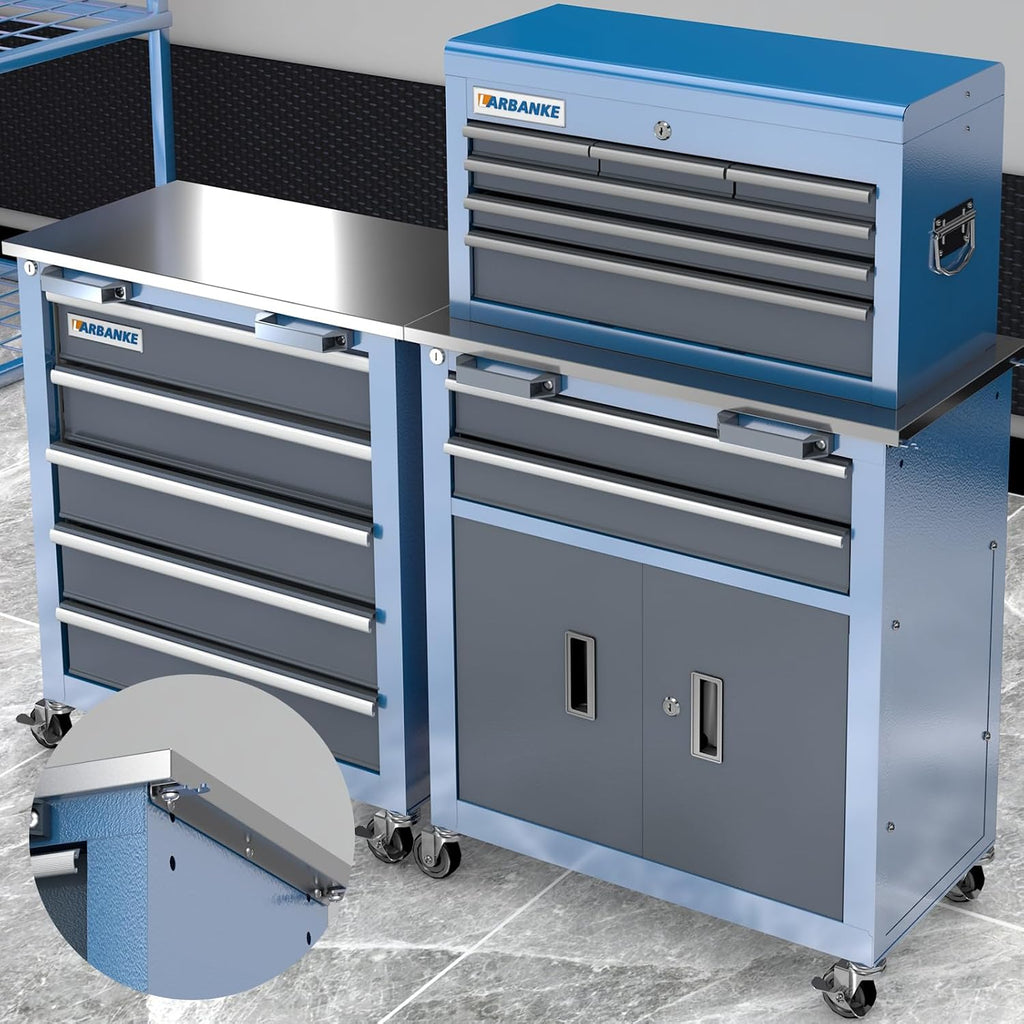 LARBANKE 5-Drawer&8-Drawer Tool Chest combination,with Universal Brake Wheels and Padded Feet,Tool Cabinet with Stainless Tabletop,Rolling Tool Chest Can be Connected Together with Connectiong Buckle