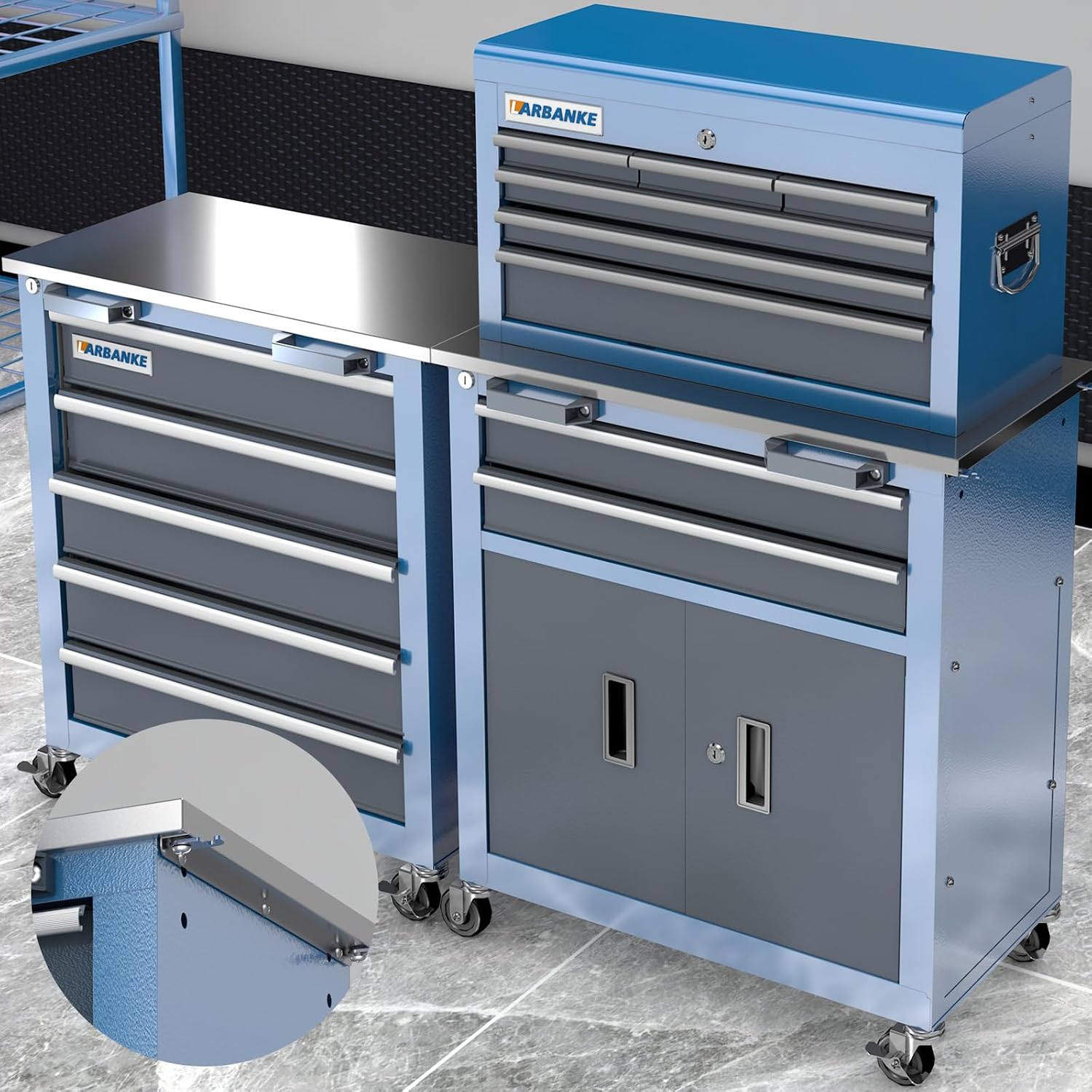 LARBANKE 5-Drawer&8-Drawer Tool Chest combination,with Universal Brake Wheels and Padded Feet,Tool Cabinet with Stainless Tabletop,Rolling Tool Chest Can be Connected Together with Connectiong Buckle