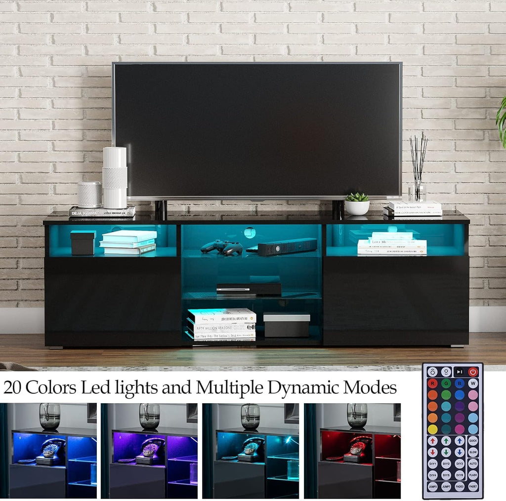 Hlivelood 57' Large LED TV Stand for 65/60/55Inch TV, High Glossy Black TV Stand for Living Room,Modern Gaming TV Entertainment Center with Adjustable Storage Shelf,TV Console(Black)