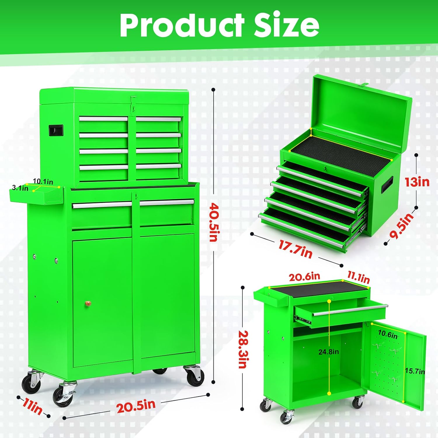 5-Drawer Rolling Tool Chest – 2-in-1 Lockable Tool Box with Wheels, Sliding Drawers & Detachable Top – Garage & Workshop Storage Cabinet, Green
