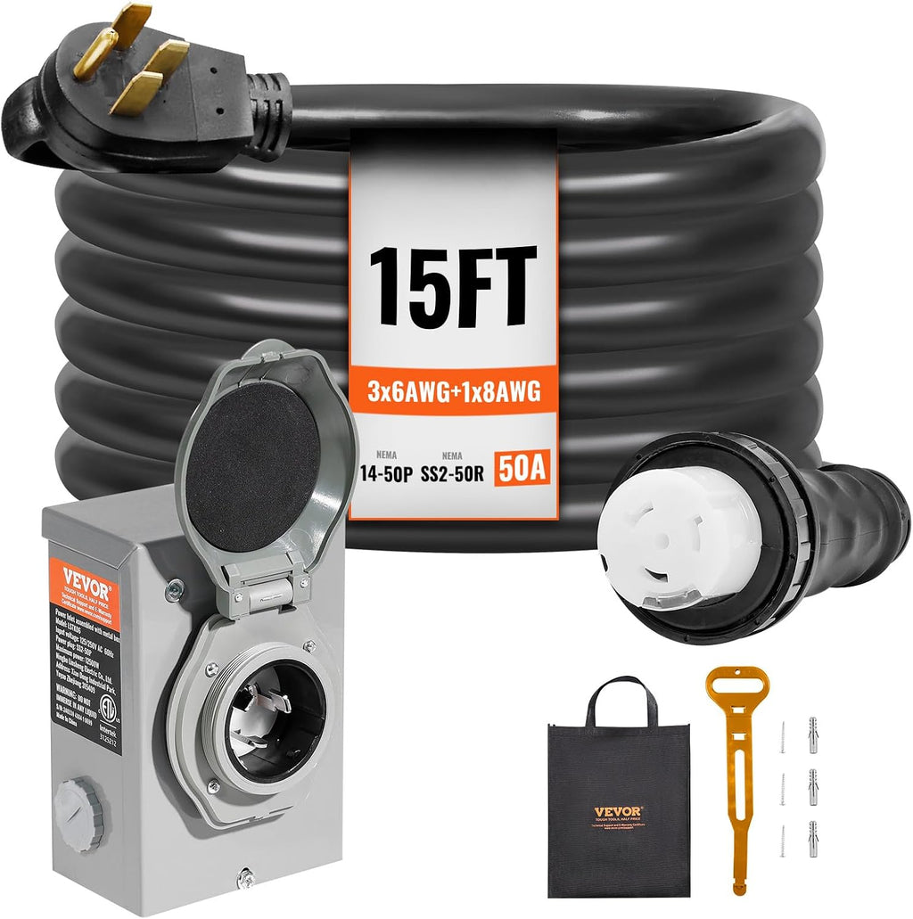 VEVOR 50 Amp Generator Cord and Power Inlet Box Kit, 15FT Generator Extension Cord NEMA 14-50P/SS2-50R STW 6/3+8/1 AWG with Twist Lock Connector, Pre-Drilled Inlet Box, ETL Listed
