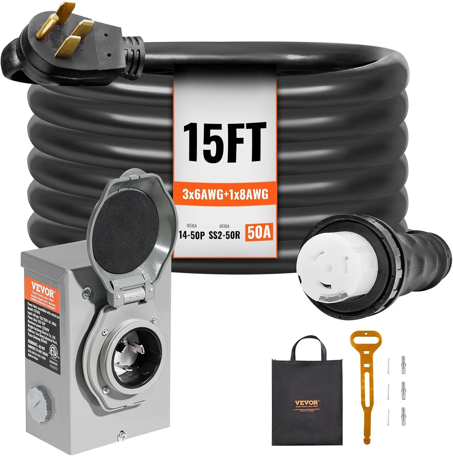 VEVOR 50 Amp Generator Cord and Power Inlet Box Kit, 15FT Generator Extension Cord NEMA 14-50P/SS2-50R STW 6/3+8/1 AWG with Twist Lock Connector, Pre-Drilled Inlet Box, ETL Listed