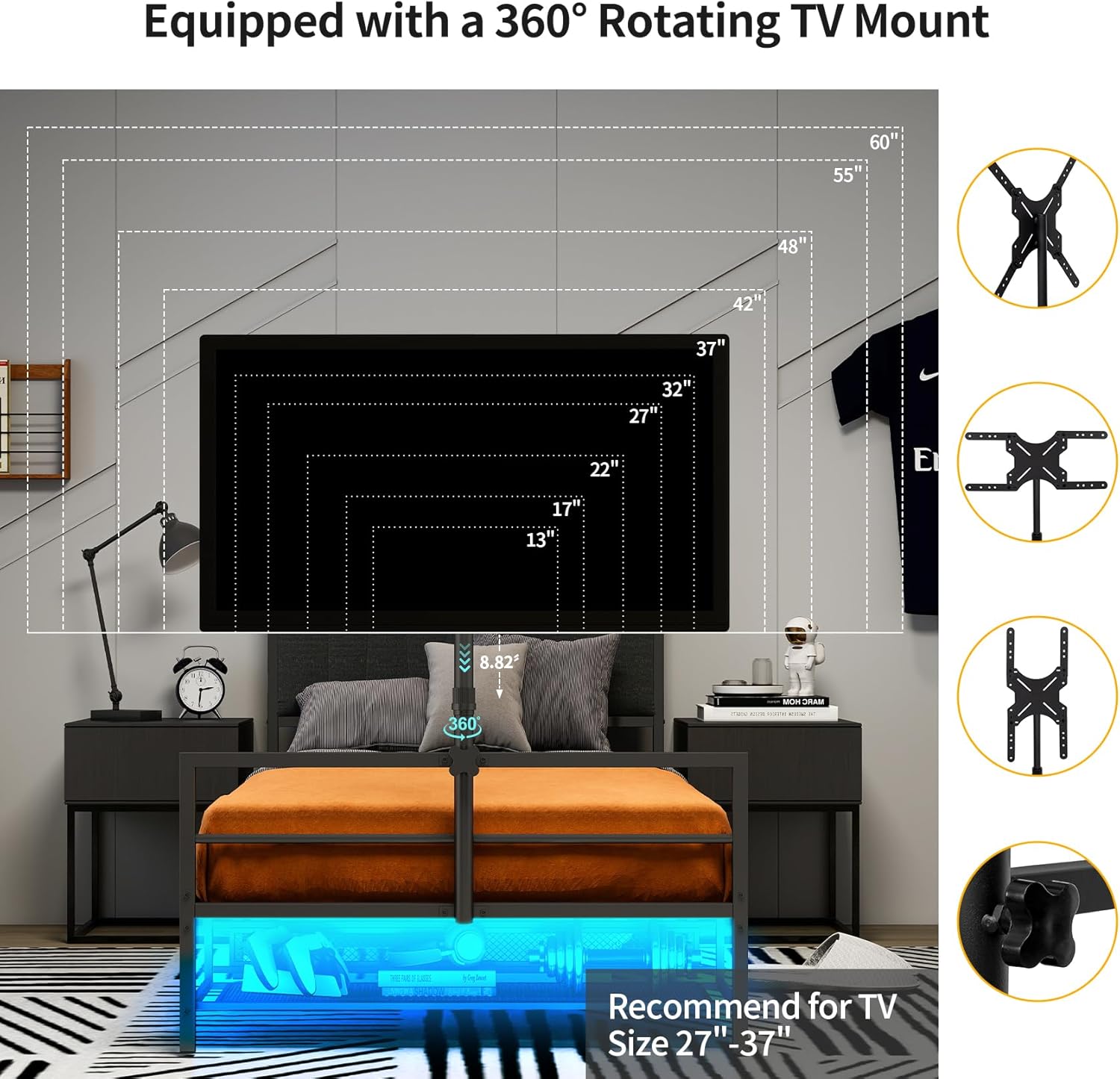 Twin Size Gaming Bed Frame with Storage Headboard,Black Metal Twin Bed Frame with LED Light Rotating TV Mount Charging Station,College Dorm Room Essential for Gaming Teen Boys Kids,Heavy Duty