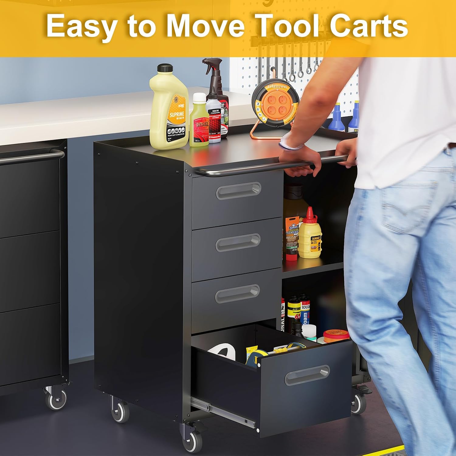 4-Drawer Rolling Tool Chest, Metal Tool Storage Cabinet on Wheels, Heavy Duty Tool Cart with Lockable Door & Handle, Mobile Toolbox Steel Locker for Garage, Home, Workshop, Warehouse, Black