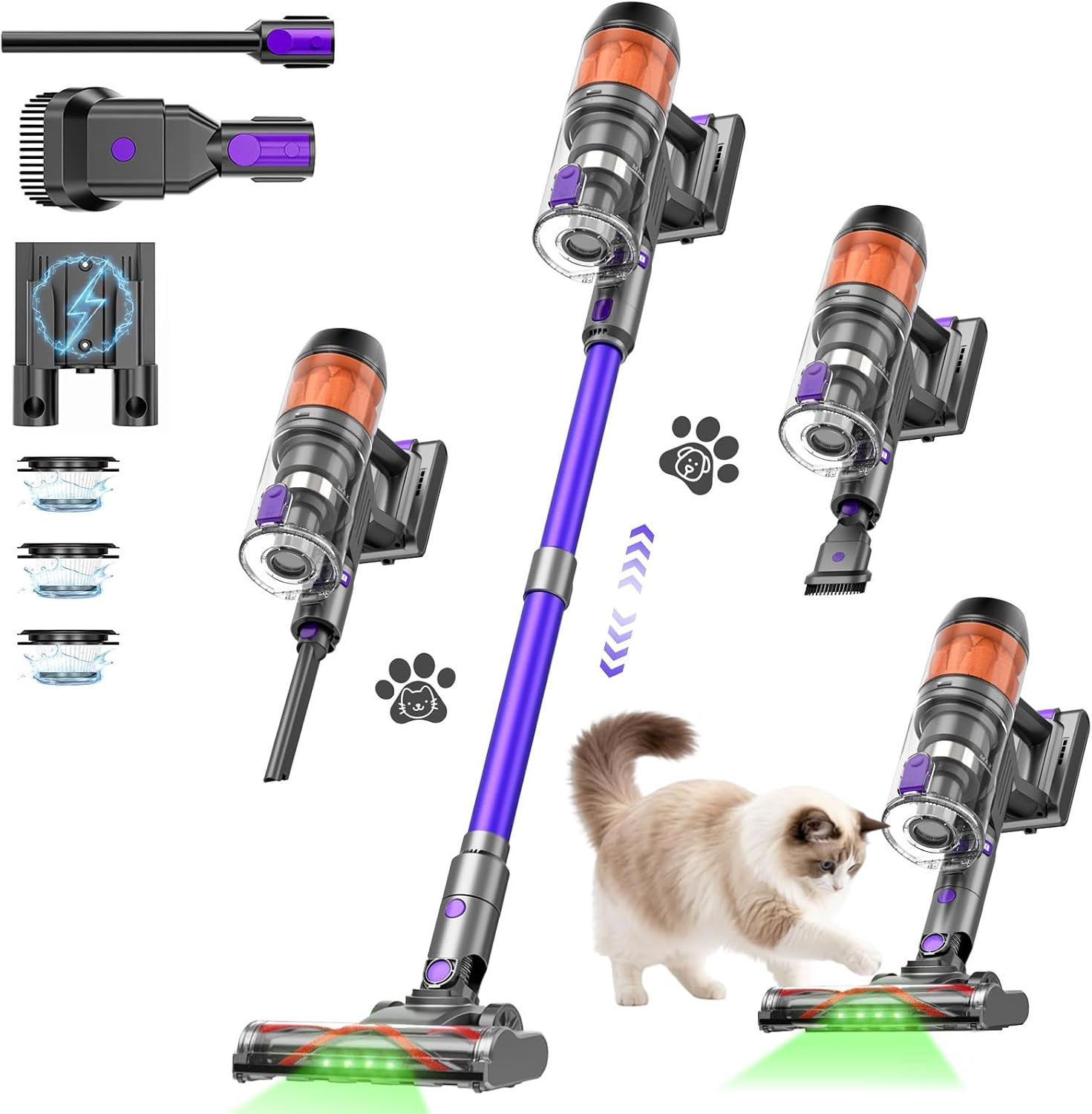Cordless Vacuum Cleaner,500W 40KPa 60Mins Vacuum Cleaners for Home,Powerful Stick Vacuum With Green Light,Anti-tangle Wireless Vacumm, Rechargeable Vacuum for Pet Hair/Carpet/Hardwood Floor,Purple