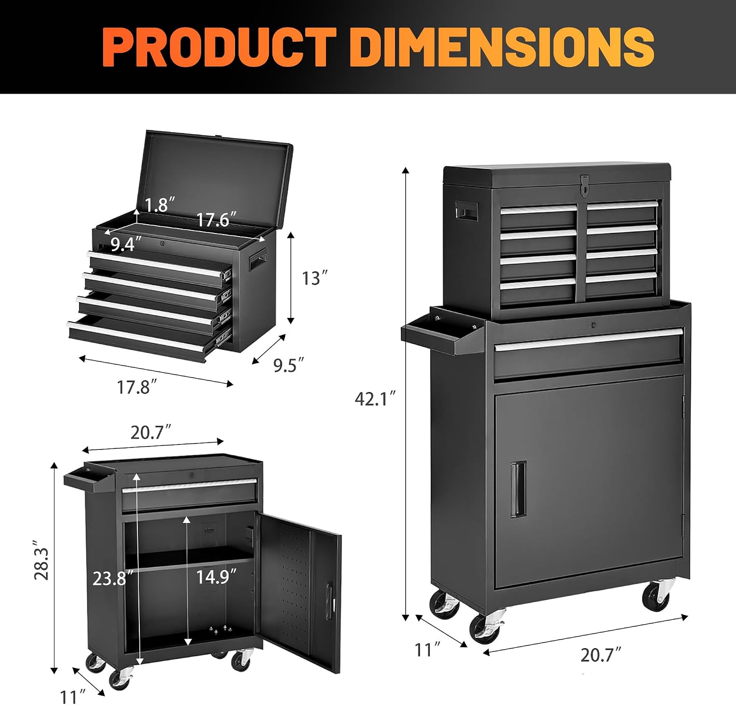 5-Drawer Rolling Tool Chest & Cabinet With Detachable Top Box - Heavy-Duty Metal Tool Cart With 4 Hooks, Lockable Drawers & 4 Wheels For Garage, Workshop, And Automotive Organization(Black)