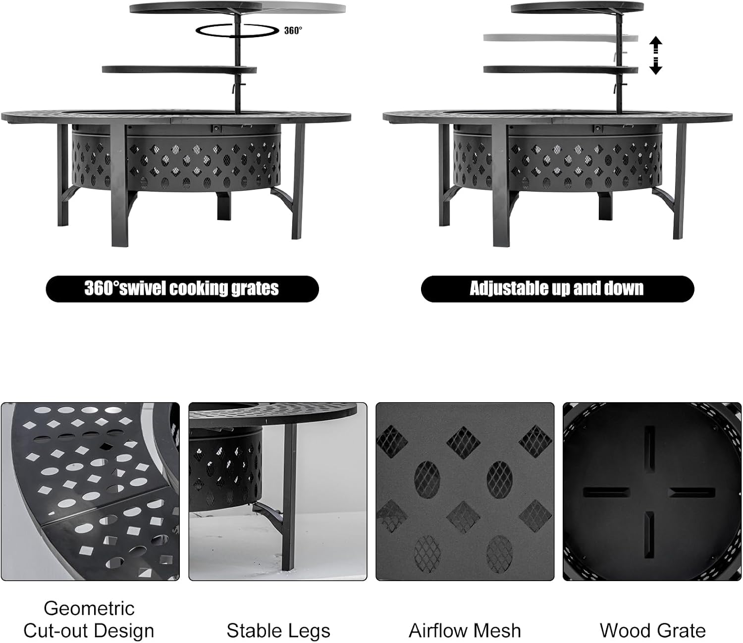 OutVue 47 Inch Fire Pit with 2 Grills, Wood Burning Fire Pits for Outside with Lid & Poker, BBQ& Outdoor Firepit & Round Metal Table 3 in 1 for Patio, Picnic, Party