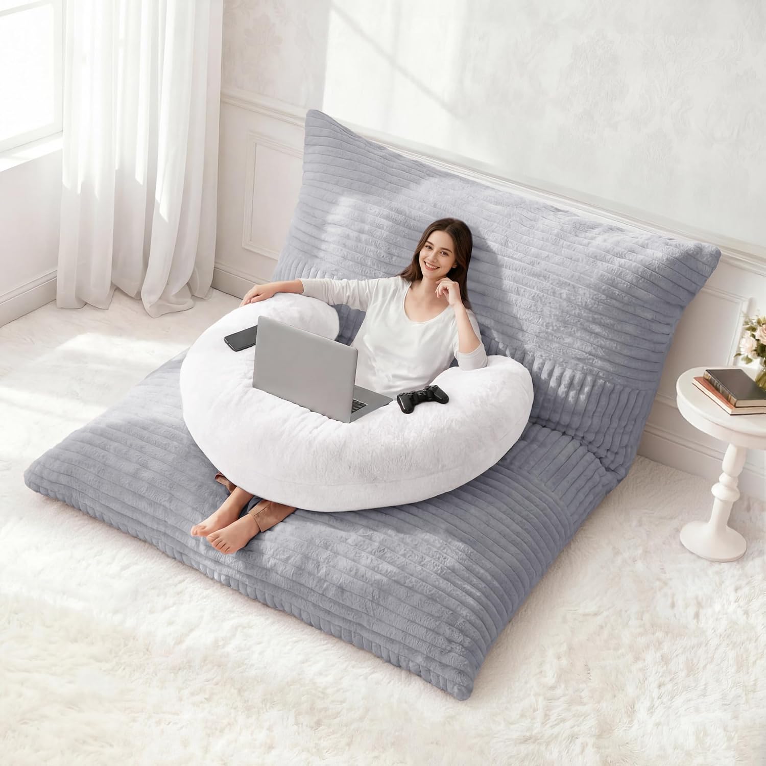 Homguava Giant Bean Bag Chair for Adults with Pillow, 4 in 1 Convertible Floor Cushion for Adluts, Memory Foamed Bean Bag Lounger with Washable Cover for Living Room, Bedroom