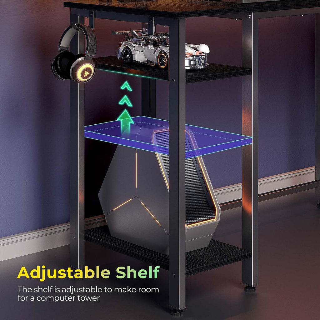 Rolanstar L Shaped Gaming Desk with LED Lights & Power Outlets, 53' Computer Desk with Full Monitor Stand & Storage Shelf, Corner Desk with Hooks, Black Desk Reversible
