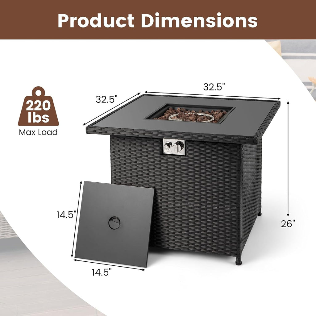 Tangkula 32.5 Inch Propane Fire Pit Table, Outdoor Rattan Gas Firepit with Tempered Glass Tabletop & Stainless Steel Burner, Square Fire Pit with Lava Rocks & Protective Cover for Outside Patio