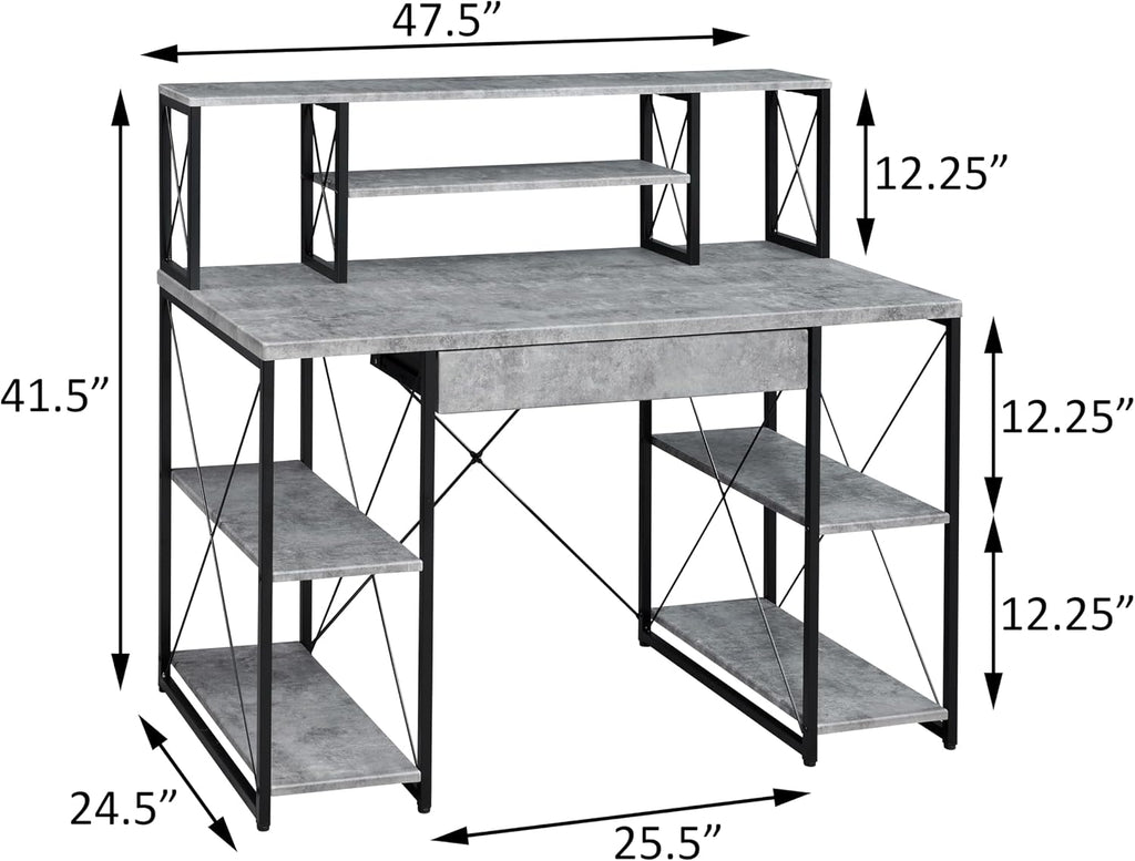 Modern Computer Desk with Hutch and Open Shelves, Foldable Adjustable Portable Gaming Study Desk Table with Wheels for Bedroom Office Student Sturdy Furniture,Grey-Wood