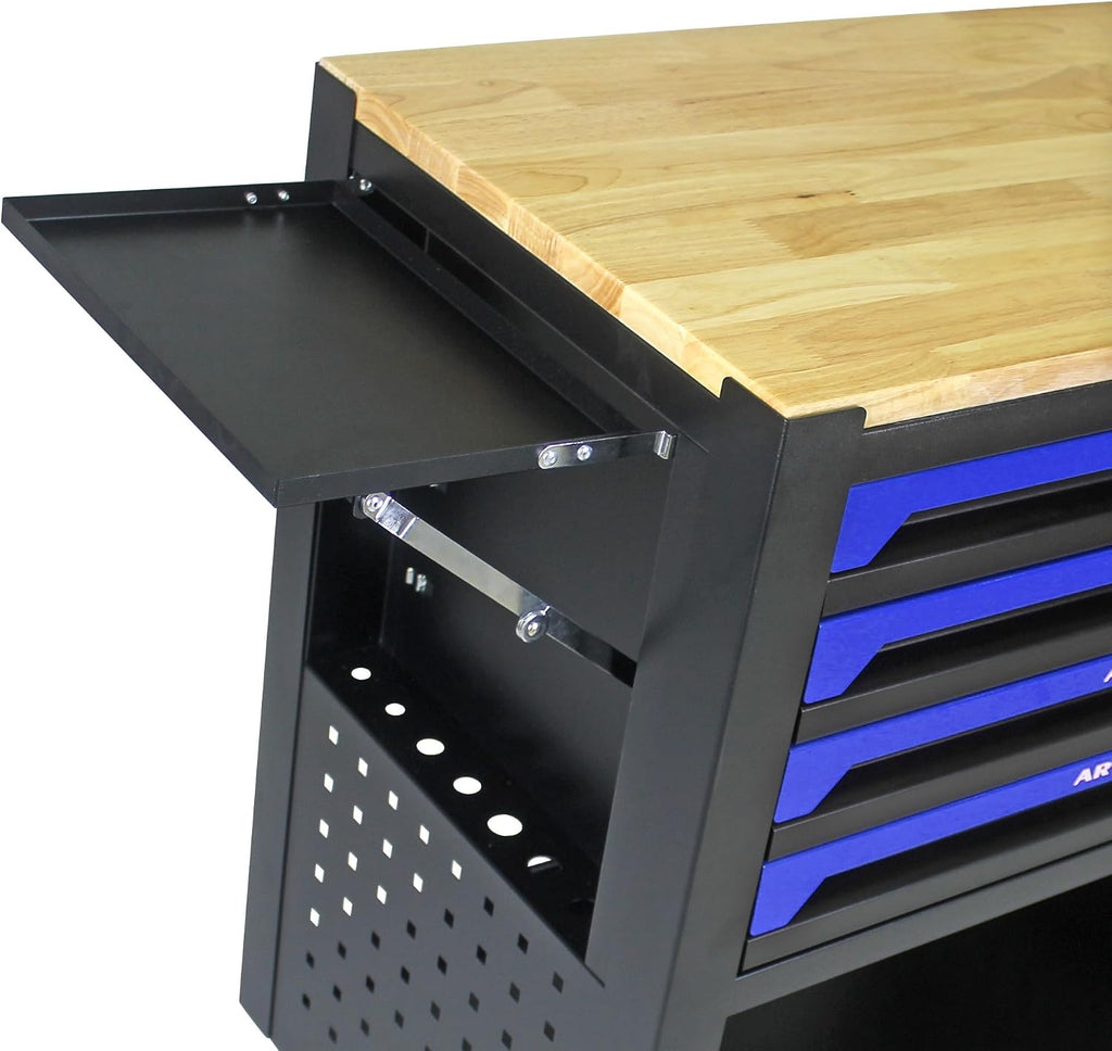 36' Tool Box with Wheels 4 Drawers Rolling Tool Cart, Wooden Top Workbench, 660lbs Total load Tool Cabinet with Locked Drawers Storage Organizer Cabinet for Garage, Warehouse, Repair Shop - Blue