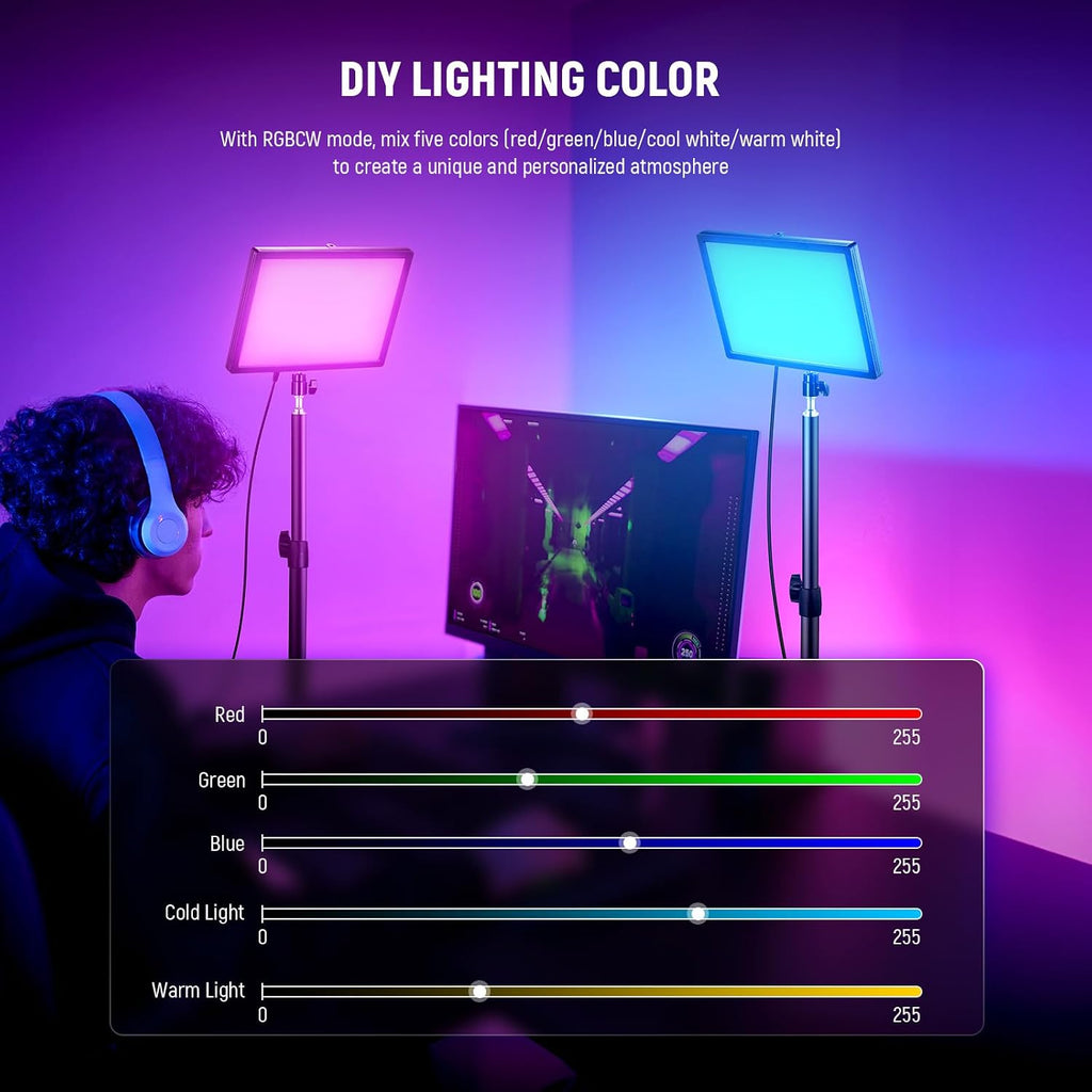 NEEWER GL25C LED RGB Streaming Key Light, APP/PC Control 25W 2500Lux/0.5m 2900K-7000K CRI95+/TLCI97+ Full RGB Dimmable Edge Emitting Silent Webcam Video Light with Desk Stand