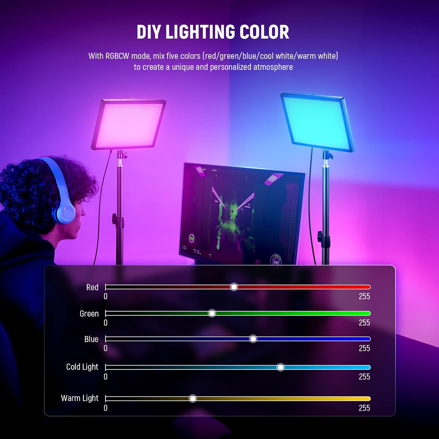 NEEWER GL25C LED RGB Streaming Key Light, APP/PC Control 25W 2500Lux/0.5m 2900K-7000K CRI95+/TLCI97+ Full RGB Dimmable Edge Emitting Silent Webcam Video Light with Desk Stand