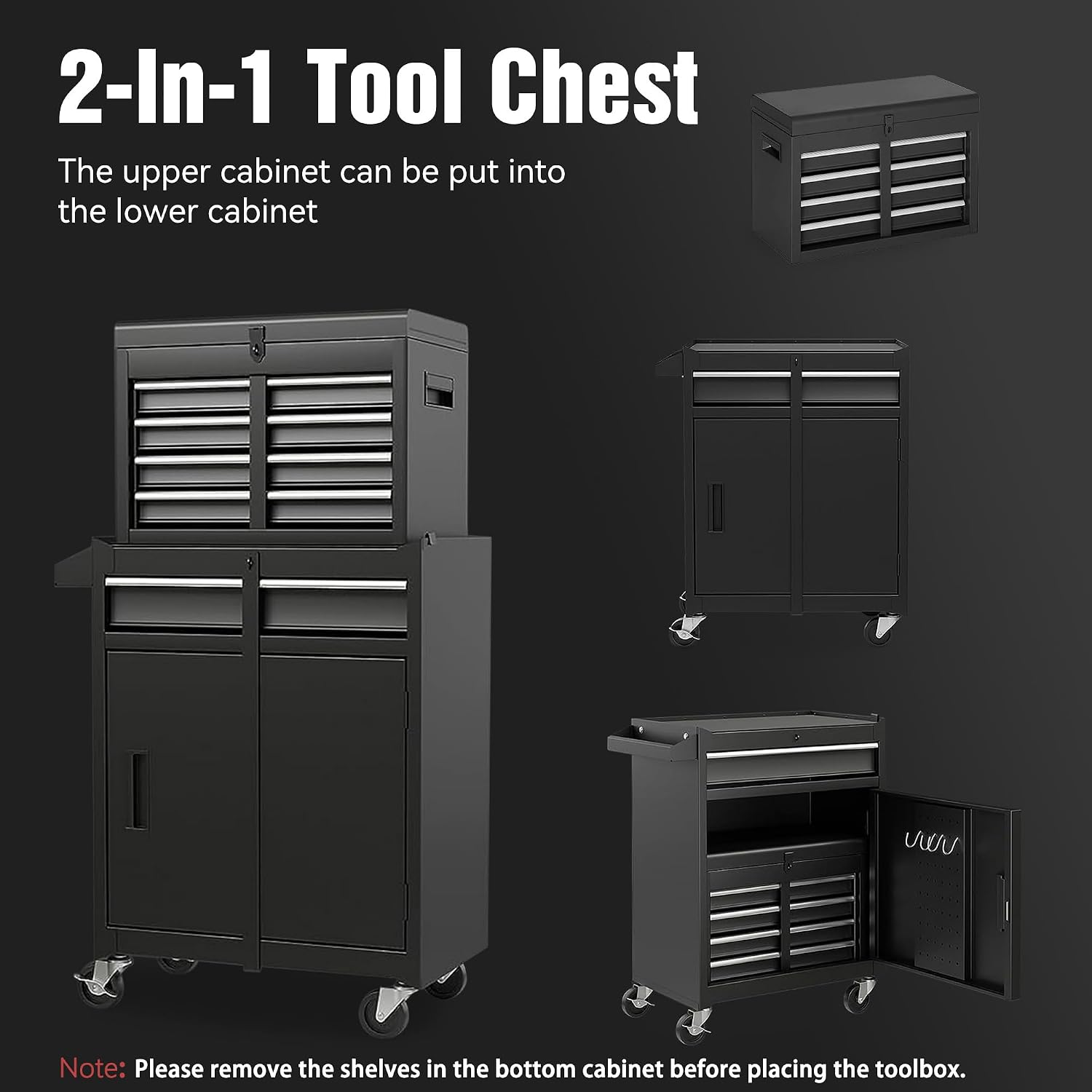 5 Drawer Tool Cart with Wheels & 1 Cabinet, Detachable Portable Top Box, Lockable Rolling Tool Chest Trolley Organizer Set, Multifunctional Tool Box w/Storage Lockers for Garage & Workshop