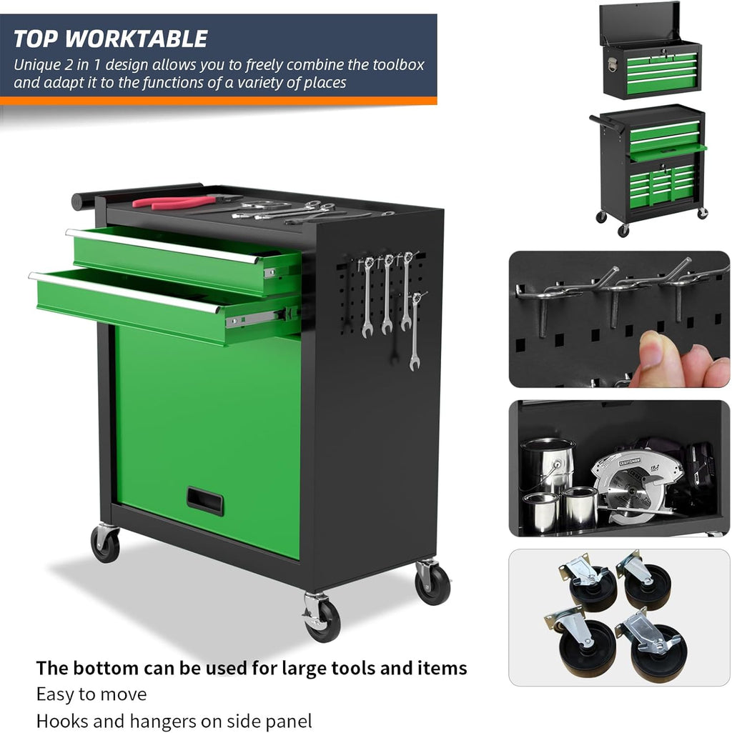 8-Drawer Rolling Tool Box, Lockable Rolling Tool Chest with Wheels and Drawers, 2 in 1 Large Capacity Storage Tool Cabinet for Warehouse, Garage, Tool Room and Repair Shop (Black&Green)