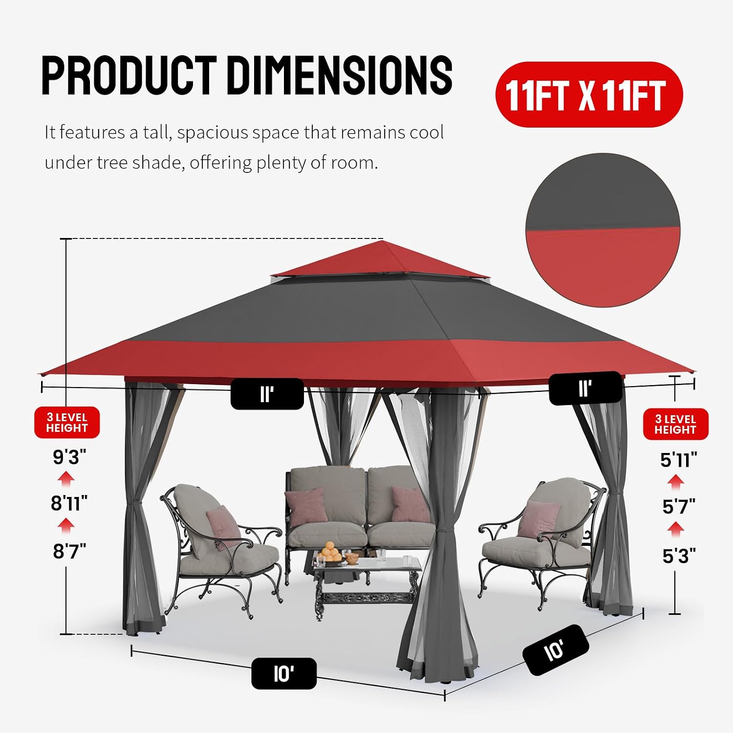 CROWN SHADES 11x11 Pop Up Gazebo, Patented One Push Outoor Canopy Tent with Wheeled STO-N-Go Cover Bag, Pop Up Canopy with Netting for Patio, Backyard (11x11, Red &Grey)